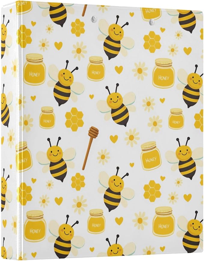 Aslsiy Bees Honey Flowers 3 Ring Binder 1.5 Inch Honey Pattern Round Clipboard Binder Decorative Harcover Binders Organizer for Office Supplies