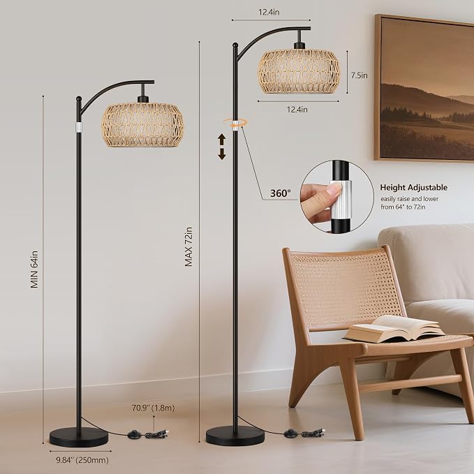 ROTTOGOON Rattan Floor Lamps for Living Room, Boho Standing Lamps with Rattan& Linen Double Shades, Arc Lamps Floor Standing with 9W Bulb, Foot Switch, Bohemian Floor Lamps for Bedroom, Office-Black