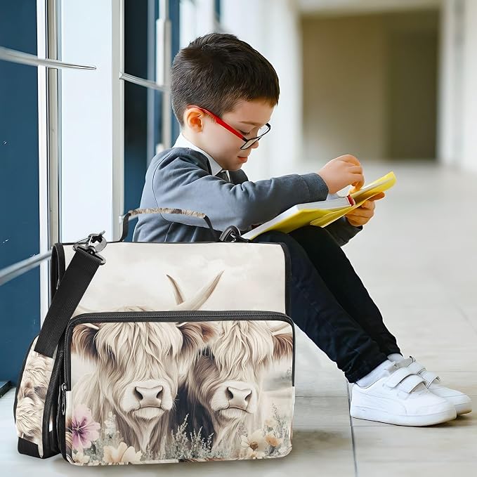 3 Ring Zipper Binder with Shoulder Strap Highland Cow Cattle Flower 2 Inch Zippered Binder Bag 500 Sheet Capacity Multi Pockets for School Supplies