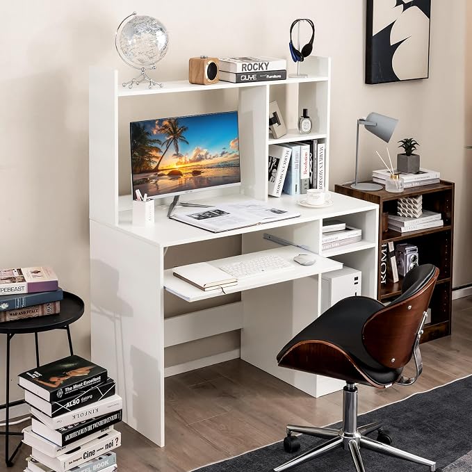 GIANTEX Computer Desk with Hutch, 43.5 Inch Home Office Desk with Keyboard Tray & Charging Station, Laptop PC Table for Workstation, Modern Study Writing Desk for Small Space, Bedroom, White