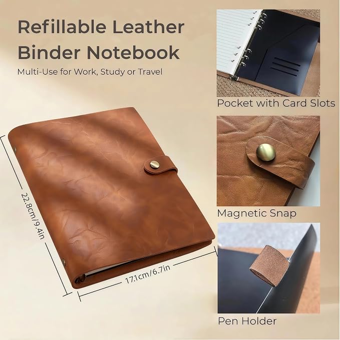 Refillable A5 Leather Binder Journal Soft Cover Notebook, Vintage Crinkled Leather Organizer with 6 Ring Binder, 148 Lined Loose Leaf Pages, Pen Holder, Pocket & Card Slots, for Work Study Daily, Brown