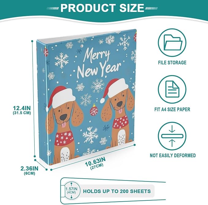 Merry New Year Quoted Cute Brown Dog3 Ring Binder 1.5" Decorative D-Ring Binder with Clipboard&3 Clear Pockets, Holds 200 Sheets A4 Size Paper Waterproof Binders for School Home Office|2 Pack