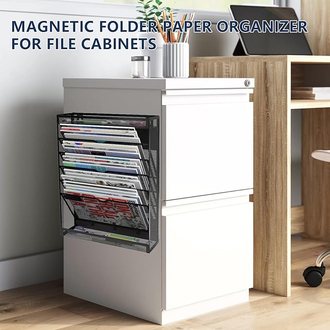 7-Tier Magnetic File Holder, No Drilling Wall File Organizer, Hanging File Organizer, Vertical Holder Rack for File Cabinets, Whiteboard, Refrigerator