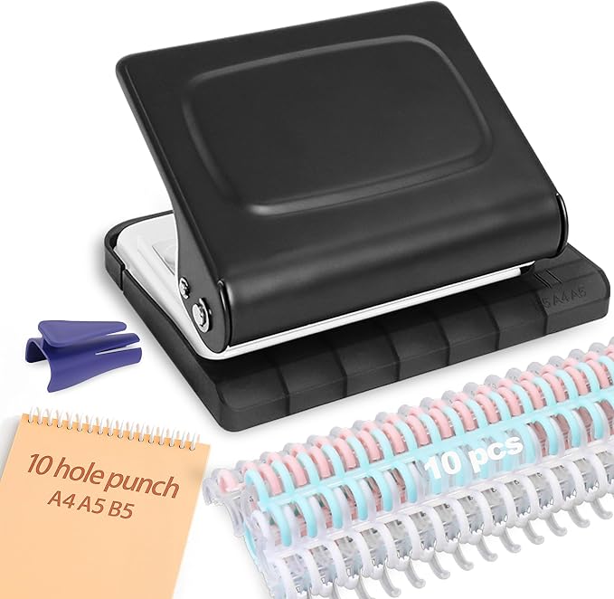 10 Hole Punch Binding Machine for Planners with 10 Multi-Color Binder Rings | 30 Holes on A4, 20 Holes on A5, 26 Holes on B5, 10 Sheet Capacity (Black)