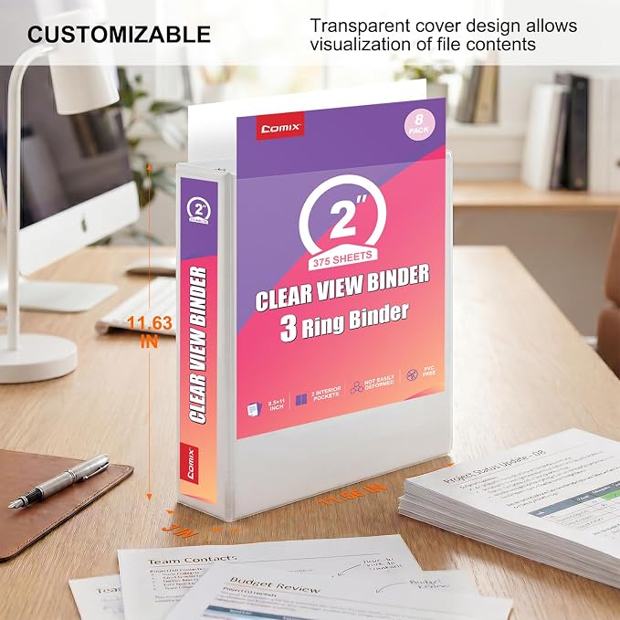 Customizable Round Ring Binder, 2 Inch 3 Ring Binder, Heavy Capacity Minimalist PVC-Free Binder with Clear View Cover, Lay-Flat Design for Extensive Document Organization at Home, School & Office