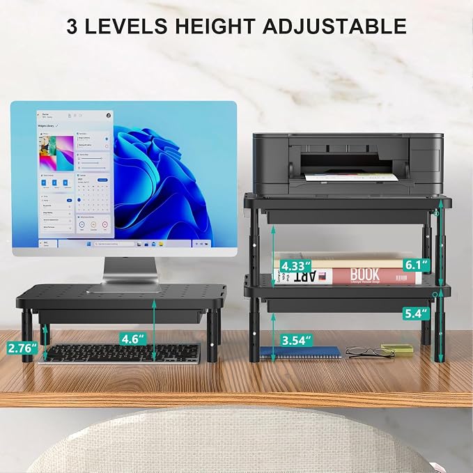 WALI Computer Monitor Stand with Storage, Monitor Riser 3 Height Adjustable | Laptop Riser with Airflow Vents, Desk Organizer for Computer, Printer, Notebook (PTT002-B), 1 Pack, Black