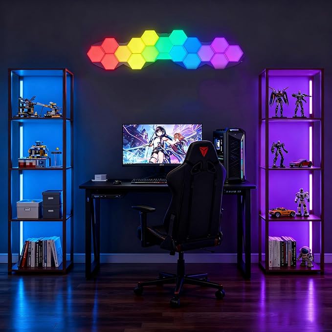 RGBCW Floor Lamp with Shelves, LED Smart Modern Floor Lamp with Music Sync, Color Changing Corner Display Shelf Lamp, Standing Lamp with Shelves for Living Room and Bedroom, Office, Brown