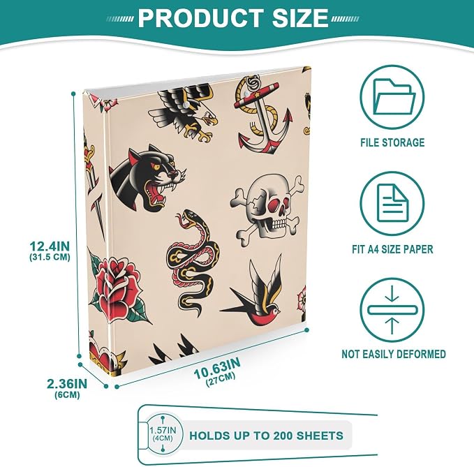 Vintage Tattoo 3 Ring Binder 1.5 Inch Round Ring Binder Organizer with Clear View Pocket for Office Supplies-1Pack