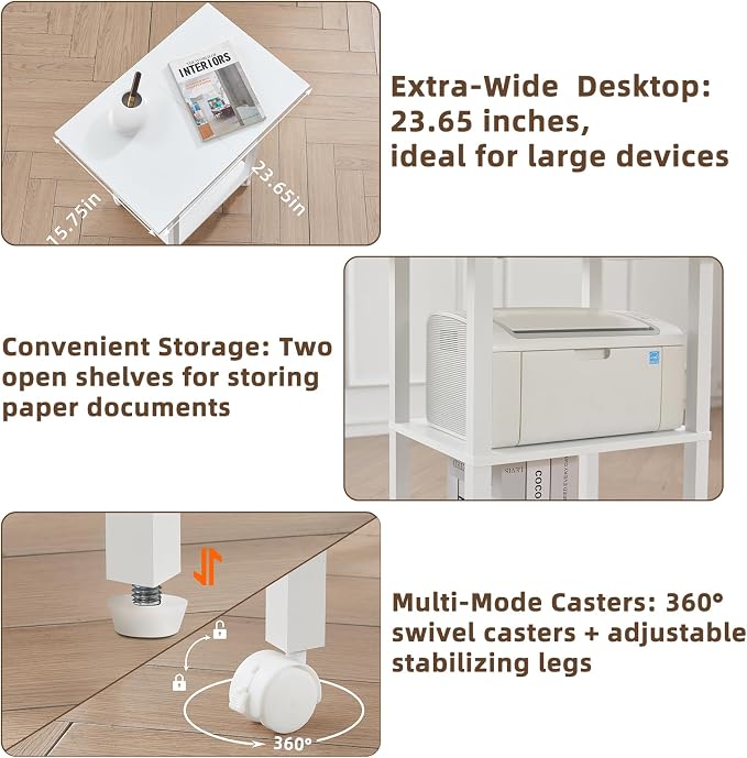 YUFAM 3 Tier Home Printer Stand with Storage, White | Wooden Mobile Printer Table Shelf, Rolling Printer Cart Shelf with Lockable Wheels fit Fax Machine, Scanner