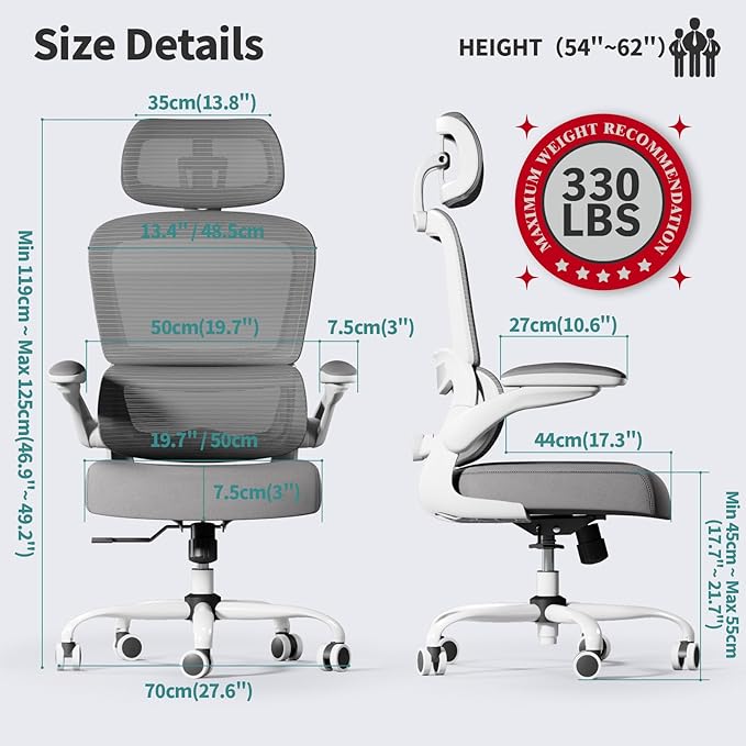 TRALT Office Chair Ergonomic Desk Chair - Gaming Chair with Lumbar Support (5, White) | 330 LBS Home Office Desk Chairs with Headrest, Reading Chair with Flip-up Armrests, Comfortable Computer Chairs (5, White)