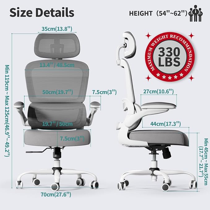 TRALT Office Chair Ergonomic Desk Chair - Gaming Chair with Lumbar Support | 330 LBS Home Office Desk Chairs with Headrest, Reading Chair with Flip-up Armrests, Comfortable Computer Chairs (1, White)