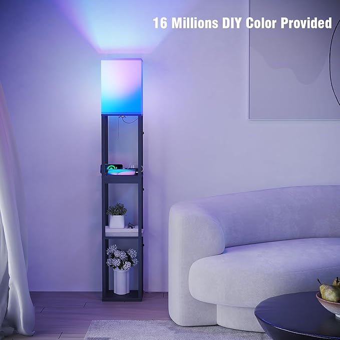 SUNMORY RGB Floor Lamp with Shelves, Solid Wood Shelf Lamps for Living Room | Smart APP RGB Bulb, 1 Drawer & 2 USB Ports & 2 Power Outlet, Modern Standing Lamp, Corner Tall Bookshelf for Bedroom