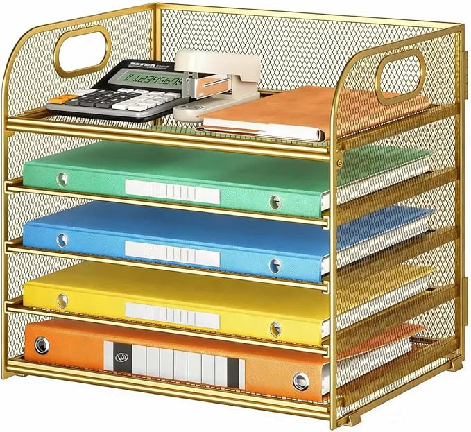 Lavatino Desk Paper Organizer Trays, Gold 5-Tier Mesh File Folder Sorter with Handles, Letter Holder Organizer for Office, Home, School Supplies Storage & Organization