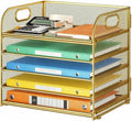 Lavatino Desk Paper Organizer Trays, Gold 5-Tier Mesh File Folder Sorter with Handles, Letter Holder Organizer for Office, Home, School Supplies Storage & Organization