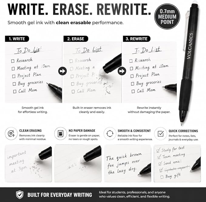 Volcanics Retractable Erasable Gel Pens, Soft Black, 0.7mm, 12 Pack