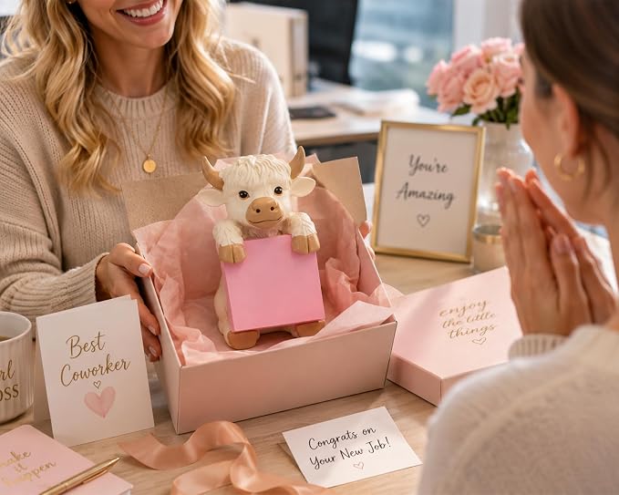 Highland Cow Pop-Up Sticky Note Dispenser for 3 x 3 in Notes, Beige | Includes 100 sheets, handmade resin desk decor for office, home or classroom, gift for teachers, coworkers and cow lovers