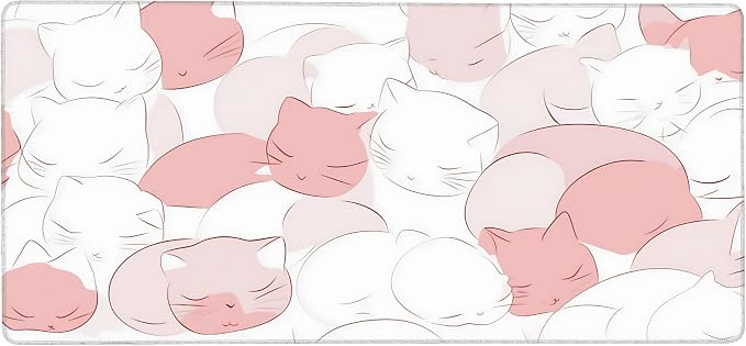 Cute Anime White Cat Gaming Mouse Pad, White Pink Minimalist Desk Mat with Anti-Slip Base & Stitched Edges, Office Supplies & Desk Decor for Women, 35.4" x 15.7" in Home Office Essentials