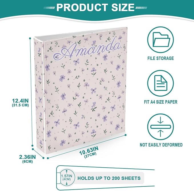 Custom Personalized Name Small Purple Flowers Bows 3 Ring Binder 1.5 Inch