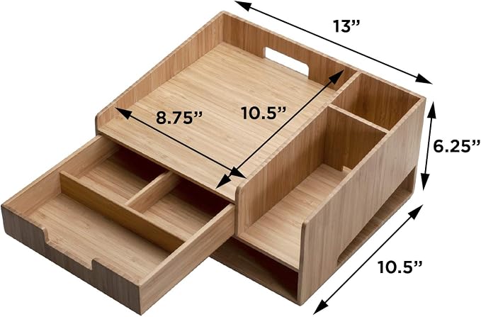 MobileVision Bamboo Telephone Stand With Drawer Paper Tray & Pencil Holder Storage Solution for office products pens scissors staplers notepads business cards & more