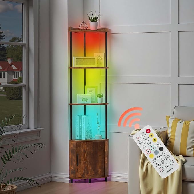 VEVOR 5 Tier Corner Shelf with LED Light, 65.4" Tall Corner Bookshelf with Storage Cabinet, Display Shelf with Multi-Color Lights Controlled Via RC/APP for Bedroom, Living Room, Office