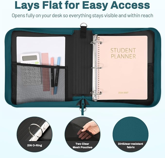 SUNEE Zipper Binder 3 Ring 2-Inch in Dark Teal-Green Features a Shoulder Strap, 13 Inch Laptop Pocket, with Multiple Storage Pockets. Ideal Organizer for Middle School Students