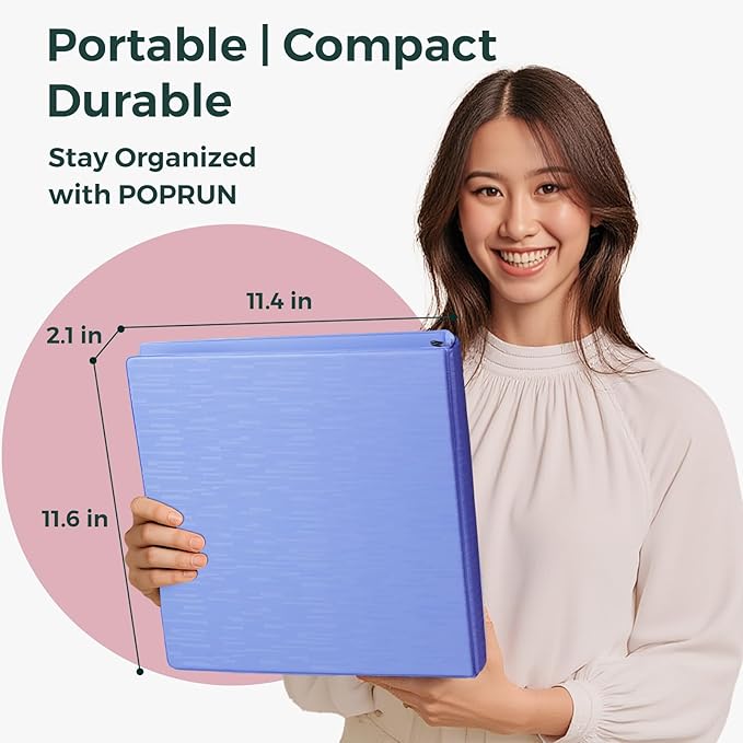 POPRUN 3 Ring Binder 1.5 Inch, PVC-Free, Holds 325 Sheets of 8.5 x 11 Paper, Extra Durable Organizer with 2 Pockets for School & Office, Heavy-Duty, 4 Pack, Pink
