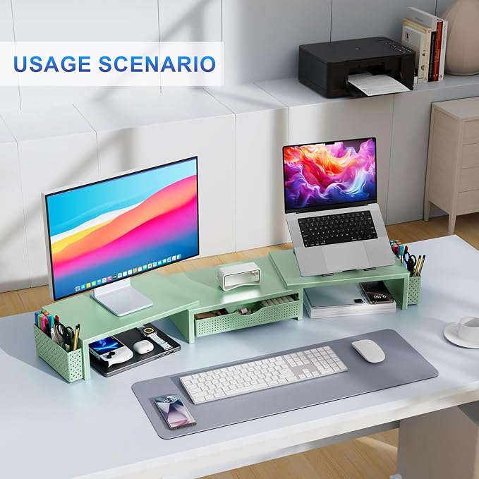 gianotter Dual Monitor Stand Riser With Drawer and 2 Pen Holders | Desk Organizer and Accessories Computer Monitor Stand, Desk Shelf for Top of Desk (Sage Green)