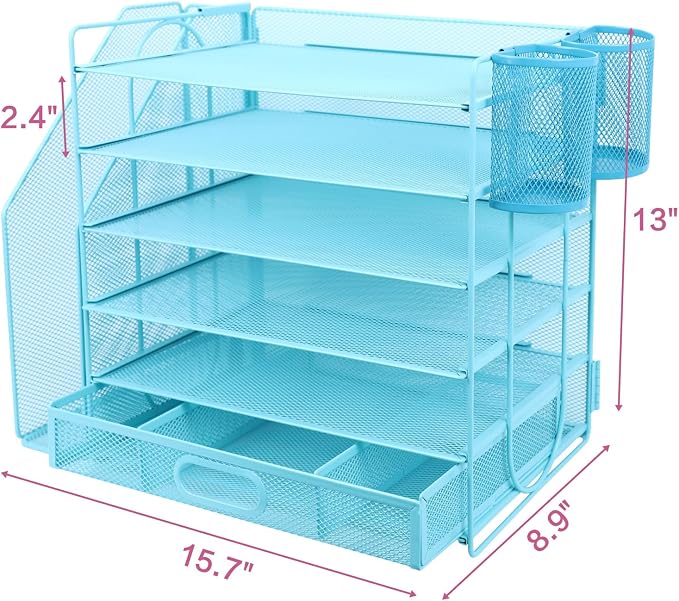 Desk Organizers and Accessories with File Holder, 6-Tier Paper Letter Tray Organiser with Drawer and 2 Pen Holder, Mesh Desktop Document Organizer for Office Supplies, Workspace - Blue