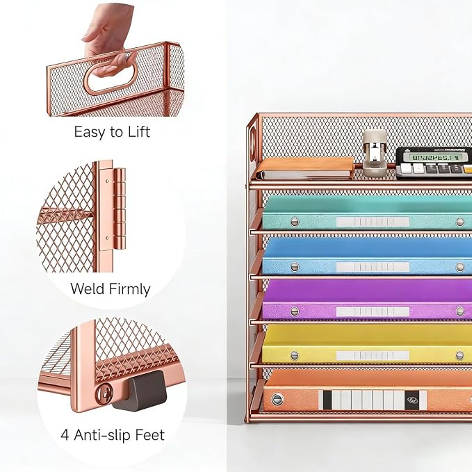 6 Tiers Letter Tray Paper Organizer with Handle, Mesh Desk File Organizer, Metal Desktop Document Shelf Organization, Paper Sorter Organizer for Office, Home or School File Folder Holder (Rose Gold)