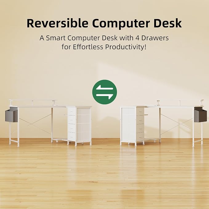 VERMESS 47" Reversible L Shaped Gaming Computer Desk, Corner Desk with Power Outlets & Monitor Stand, Writing Study Table with 4 Storage Drawers, Desk with LED Lights, White