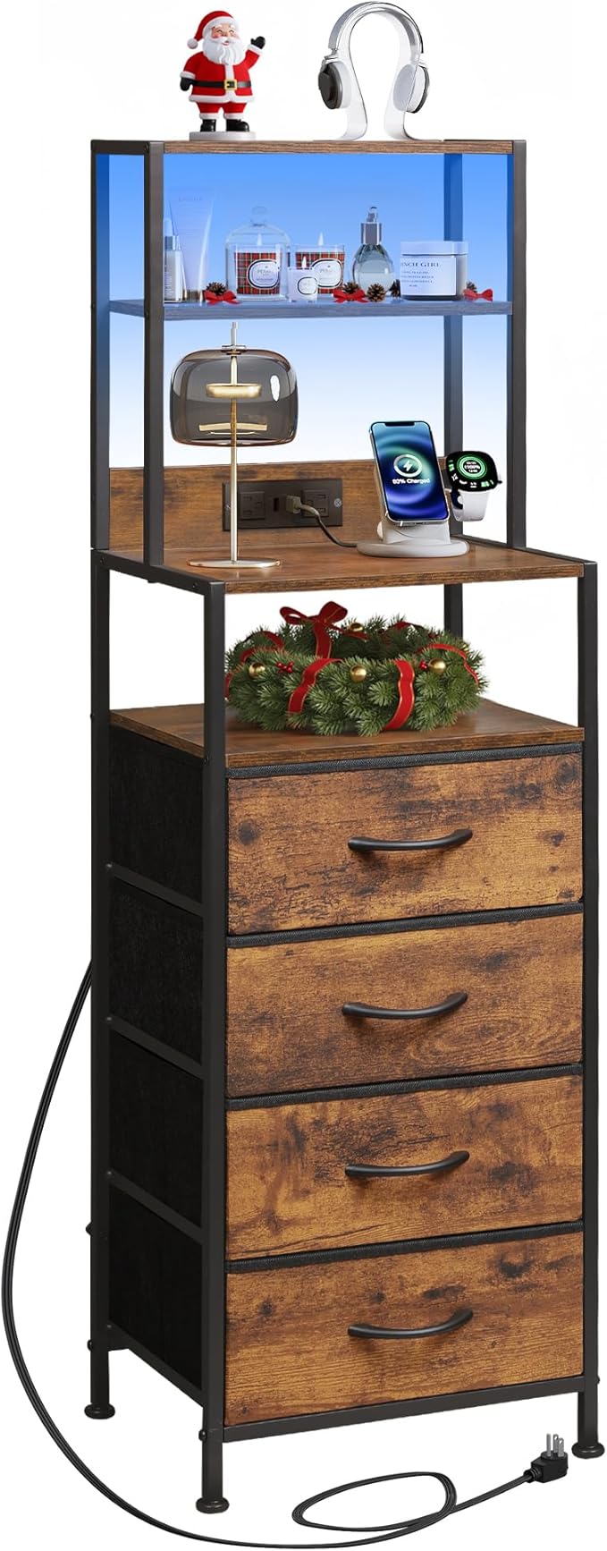 WLIVE Tall Nightstand with Charging Station, LED Night Stand with 4 Drawers and Storage Open Shelves, Fabric Dresser for Bedroom, Office, Rustic Brown