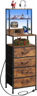 WLIVE Tall Nightstand with Charging Station, LED Night Stand with 4 Drawers and Storage Open Shelves, Fabric Dresser for Bedroom, Office, Rustic Brown