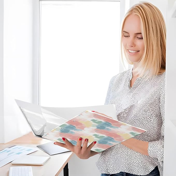 Abstract Art Pastel Color Watercolor 1.5 Inch Binders 3 Ring with Clipboard&2 Pockets Large Heavy Duty Binders Decorative D-Ring Binder Flexible Hardcover Binders, Holds 200 Sheets, 2 Pack