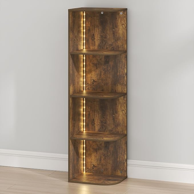 Furinno PASIR Book Shelf with LED Lights, 4-Tier Bookshelf, Open Corner Shelf Bookcase, 9.3 x 12 x 41.4, for Home Office, Living Room, Study Room, Amber Pine