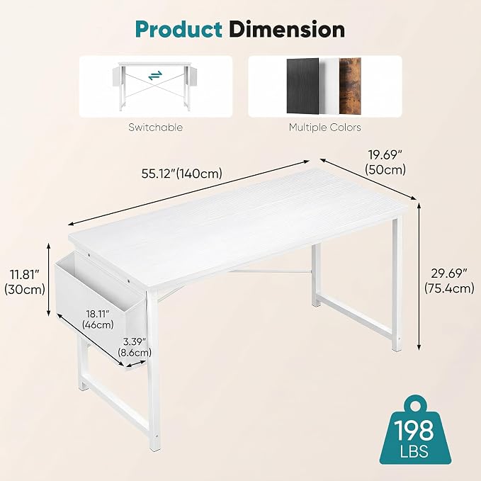 OLIXIS Computer Desk, 55 Inch Gaming Desks for Home Office Small Spaces | Writing Study Craft Work Table, Computer Workstation for Bedroom with Storage Bag, All White