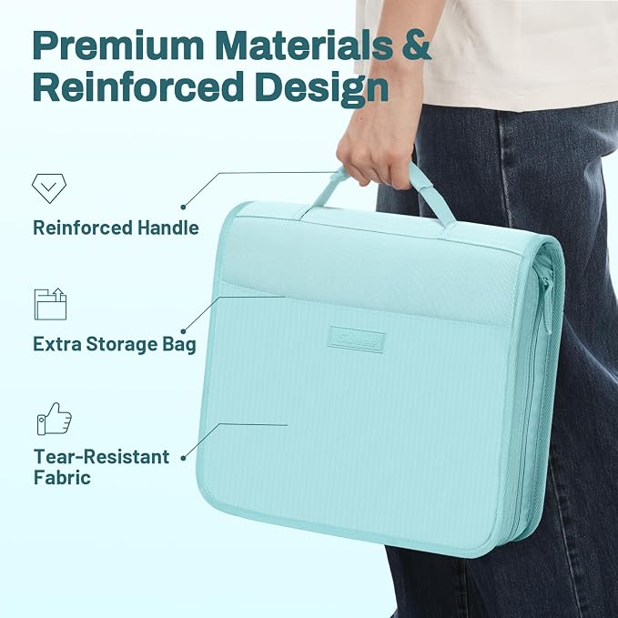 SUNEE Zipper Binder with Handle, 1.5 Inch O-Ring, 325 Pages Capacity, with 5-Tab Expanding File Folder for Classified Storage, Small Size Lightweight Zipper Bag, Sky Blue