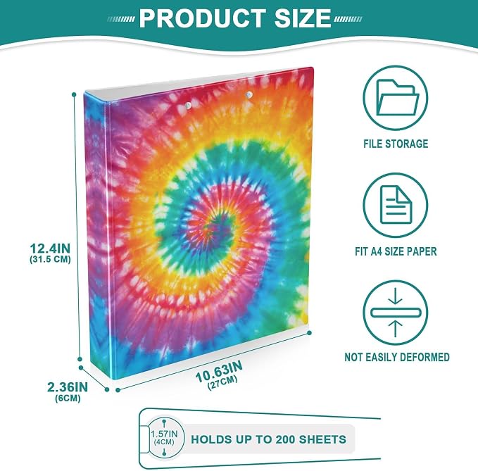 3 Ring Binder Tie Dye 1.5" Round Ring Binders View Binder with 200 Sheet for Kids School Supplies Women Men Office, 1 Pack