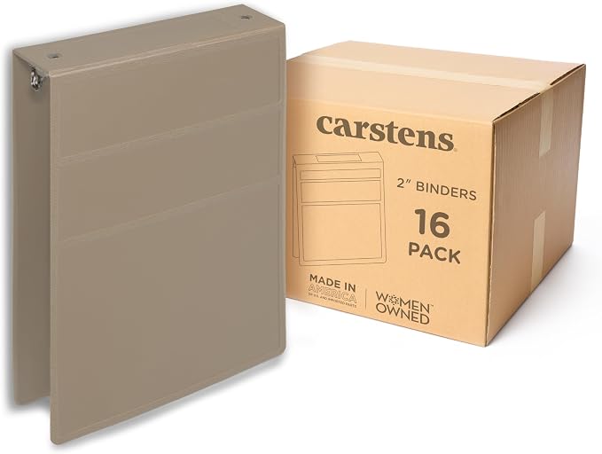 Carstens 2-Inch Heavy Duty 3-Ring Binder - Top Opening, Sand, Durable Plastic, No-Gap Rings, Waterproof Cover, No Pockets, Holds 300 US Letter Sheets, BPA-Free, Made in USA (5875-3R), Case of 16