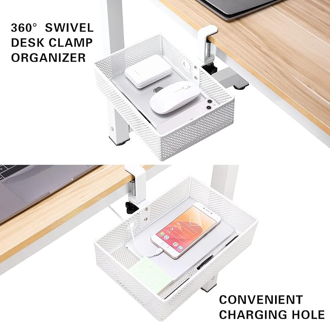 Under Desk Drawer, Clamp on Desk Organizer Hanging Desk Storage Under Table | Under desk organizer: clamp on desk drawer, 360° rotating desk basket, hanging desk organizer, clamp on desk shelf, no-drill