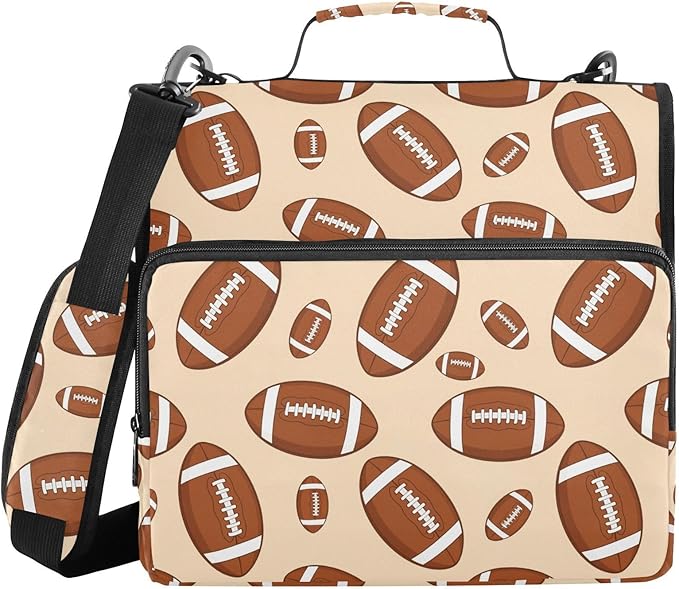 Sports Football Khaki Print Zipper Binder Bag 3 Ring with Shoulder Strap & Handle Multi Pocket Binder Organizer Bag Large Capacity for School Office Supplies