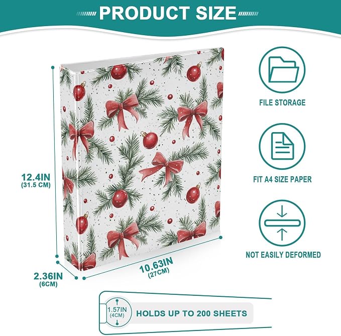 Watercolor Christmas Red Bows and Green Fir 3 Ring Binder 1.5" Decorative D-Ring Binder with Clipboard&3 Clear Pockets, Holds 200 Sheets A4 Size Paper Waterproof Binders for School Home Office