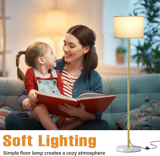 60'' Modern Floor Lamp with Shade, Tall Lamps for Living Room, Bedroom, Office, Dining Room, Gold Standing Lamp with Marble Base(Without Bulb)