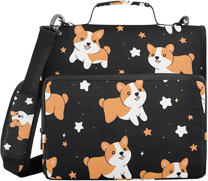 3 Ring Zipper Binder with Shoulder Strap Corgis Dog Star Black 1.5 inch Binders Keeper Large Capacity Multi Pockets for School Office Supplies