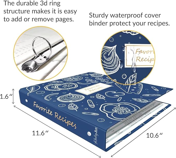 Recipe Binder with Plastic Sleeves, 8.5x11 3 Ring Blank Recipe Book Binder | Premium recipe binder kit with waterproof cover, sleeves, cards, dividers and gift box for preserving recipes-Gentian Blue.