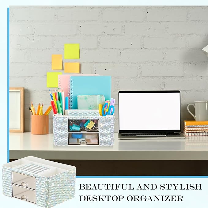MotiMind Silver Bling Desk Organizer with 2 Drawer, Sparkly Makeup Organizer for Vanity, Girly Desk Accessories, Rhinestone Pen Holder, Elevate Your Workspace with Silver Serenity (Diamond)