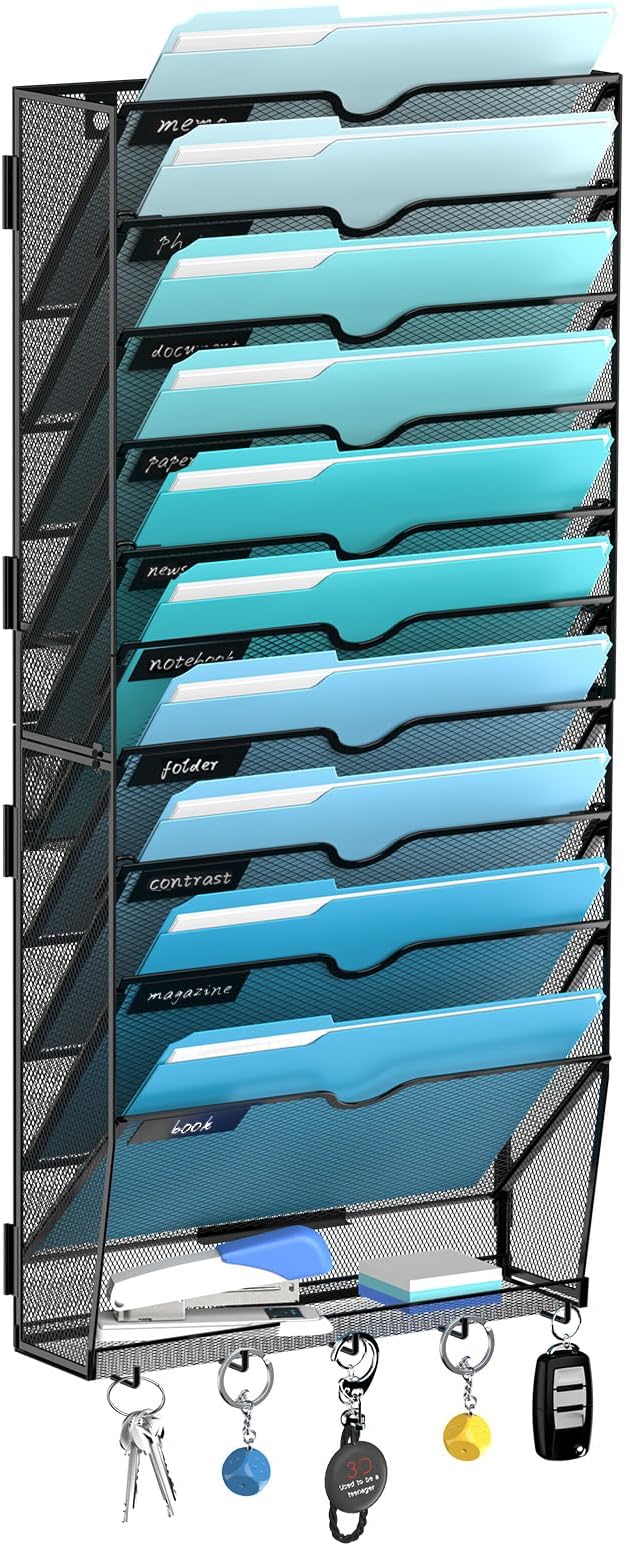 11-Tier Wall File Organizer and Mail Organizer with 5 Hooks, Black | Label slots, curved openings, 5 key hooks, and a bottom tray support organized mail, file, and everyday item storage.