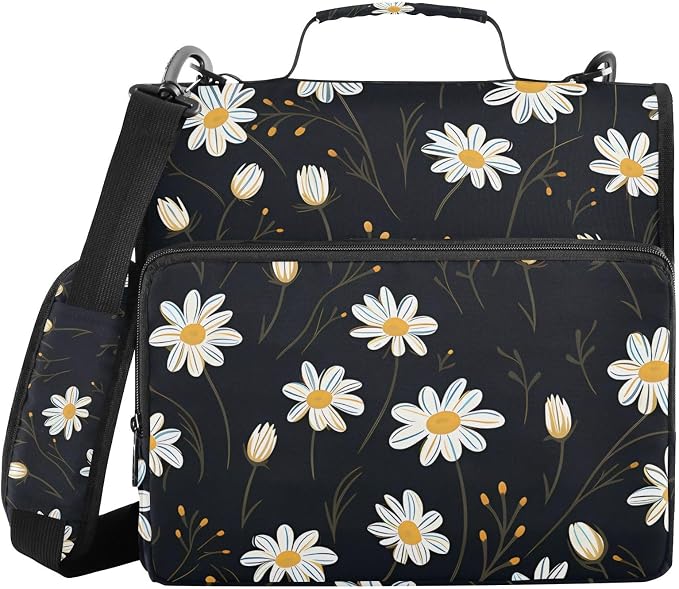 3 Ring Zipper Binder with Shoulder Strap White Daisy Flower Black 1.5 inch Binders Keeper Large Capacity Multi Pockets for School Office Supplies
