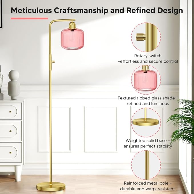 66" Dimmable Gold Standing Lamp with Pink Ribbed Glass for Living Room | Vintage Floor Lamp with Brushed Gold, Stepless Rotary Switch and 3000K LED Bulb, Arc Floor Lamp for Bedroom & Study Room