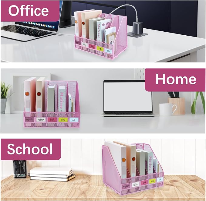 Desk Organizers, Metal Magazine File Holder with 5 Vertical Compartments Rack Binder File Organizer for Office Supplies, Home Workspace - Pink