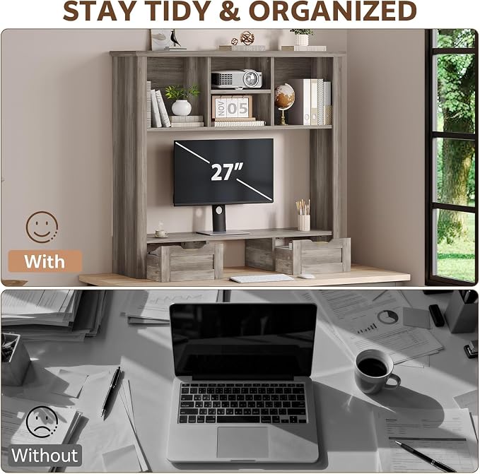 Desk Shelf with Computer Monitor Stand, 37.4''W Desktop Bookshelf | Display Rack, Desktop Organizer Storage Rack with Cubbies & Drawers, 5-Tier Hutch for Home, Office, Dorm, Vanity, Grey
